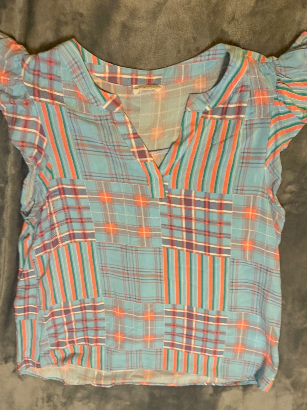 Emily Wonder Women's Large Blue Coral Patchwork Plaid Ruffle Sleeve Blouse